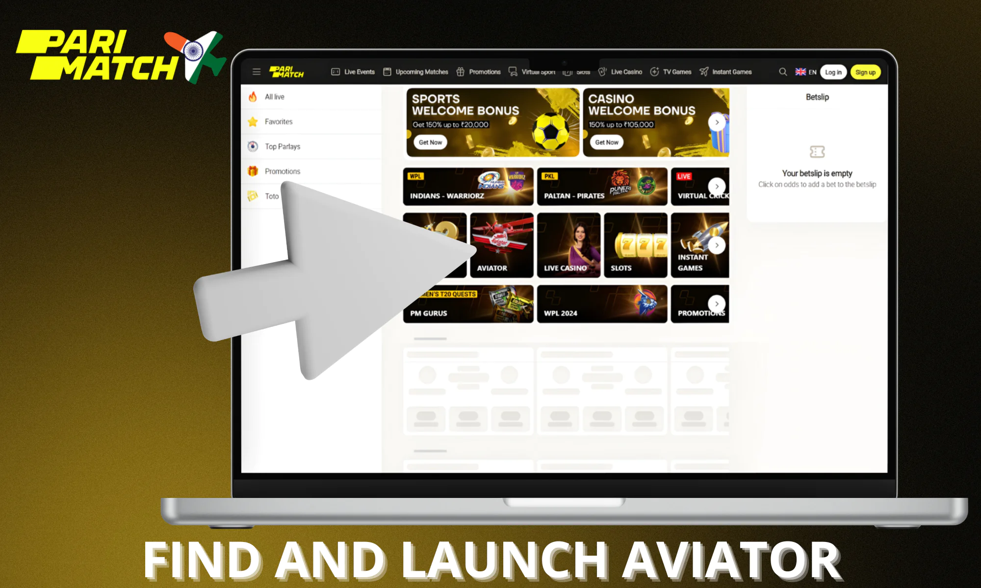 The Aviator game launch button is located on the Parimatch home page
