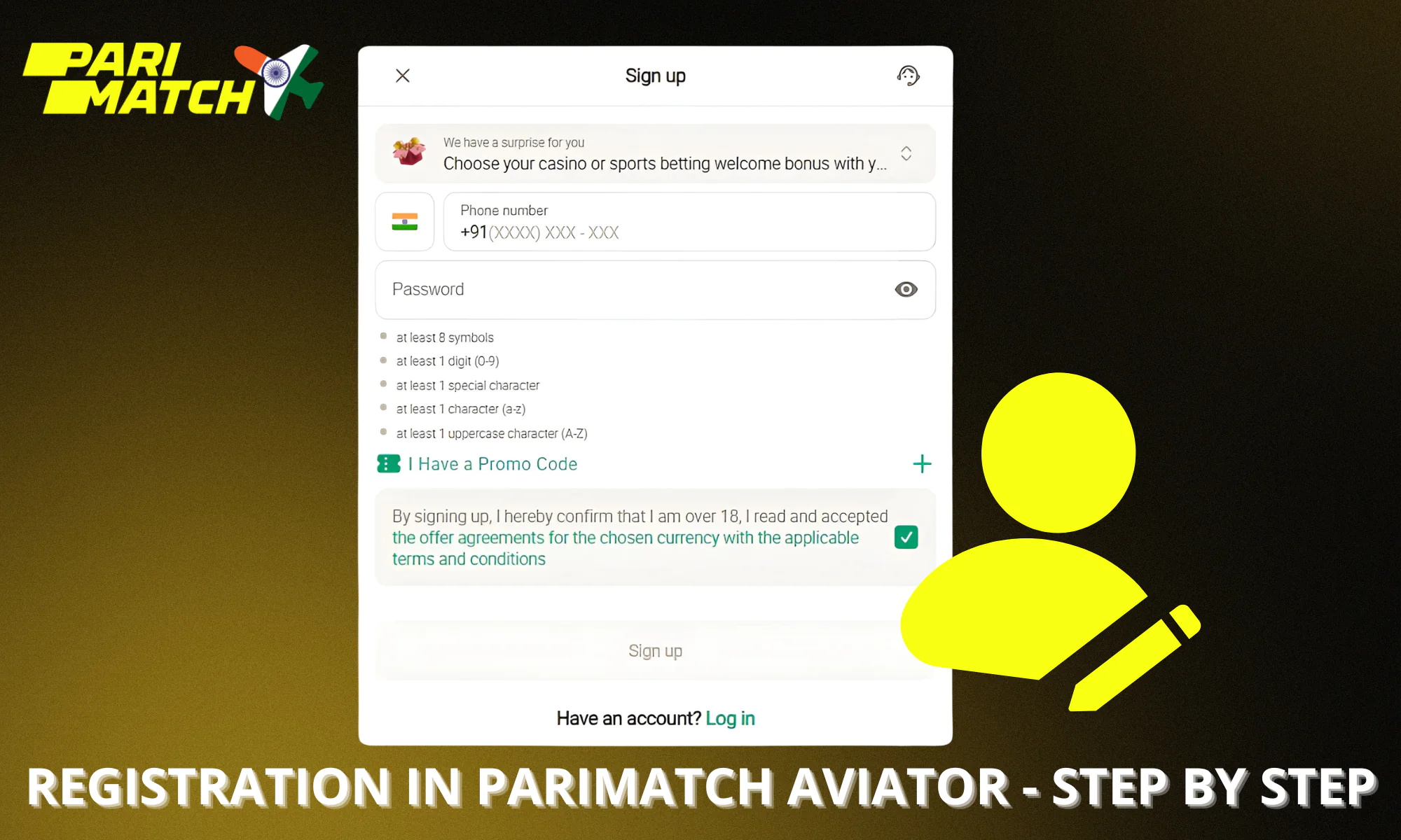 Step-by-step instructions for registering an account with Parimatch Aviator