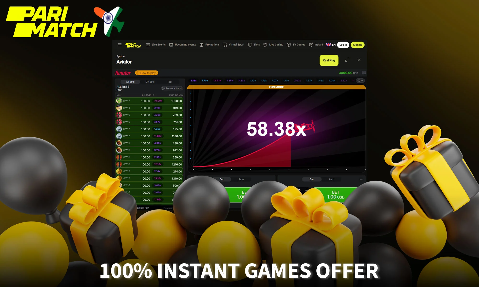 Terms and conditions of 100% Instant Games Offer bonus on Parimatch